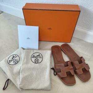 HERMES Oran Brown Slip On Sandals Flats Size 38.5/US 8, Authentic